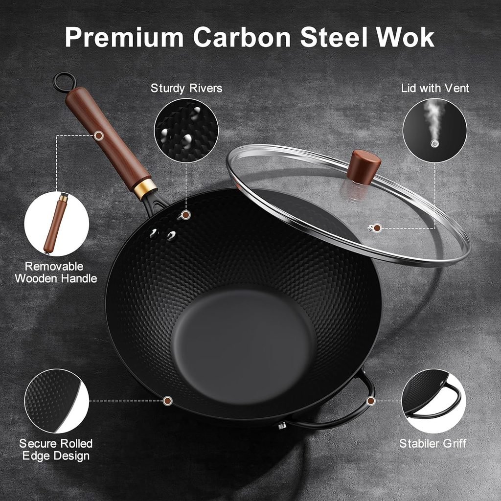Todlabe 13 Inch Carbon Steel Wok with Lid